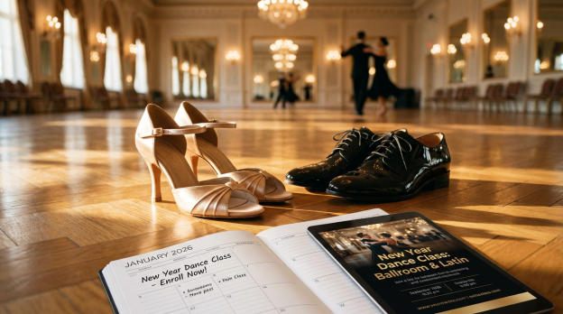 Dance shoes, calendar and tablet.