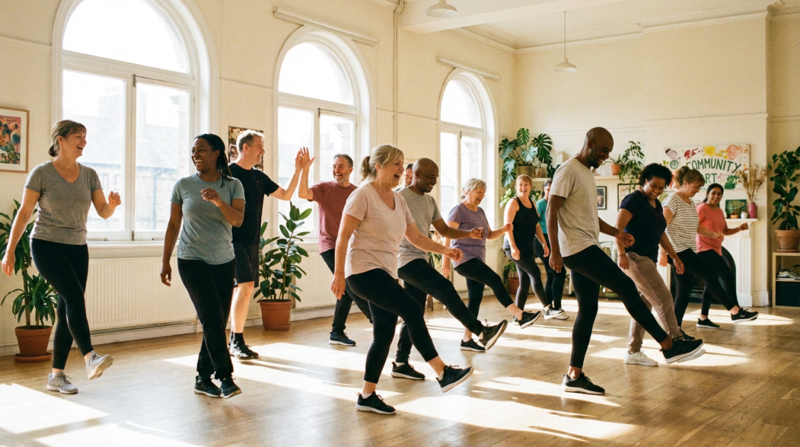 Group fitness class in studio