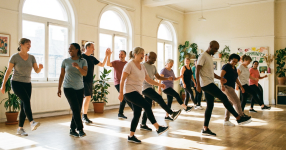 Group fitness class in studio