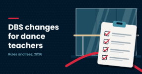 Home Illustration of a dance studio mirror and barre with a ticked checklist on a clipboard, next to the headline DBS changes for dance teachers