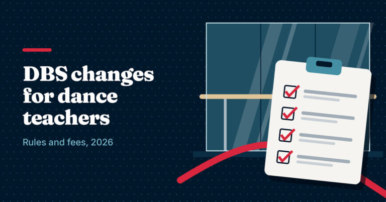 Illustration of a dance studio mirror and barre with a ticked checklist on a clipboard, next to the headline DBS changes for dance teachers