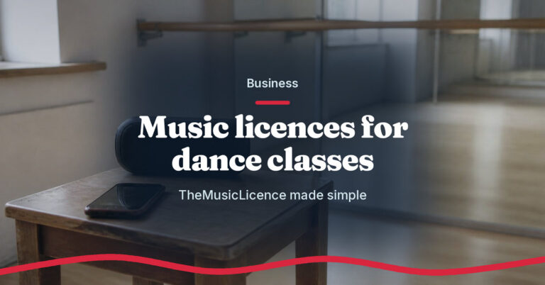 Teach.Dance photo graphic: Music licences for dance classes. TheMusicLicence made simple. A speaker and phone on a stool beside the barre in a dance studio.