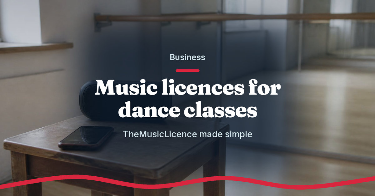 Teach.Dance photo graphic: Music licences for dance classes. TheMusicLicence made simple. A speaker and phone on a stool beside the barre in a dance studio.