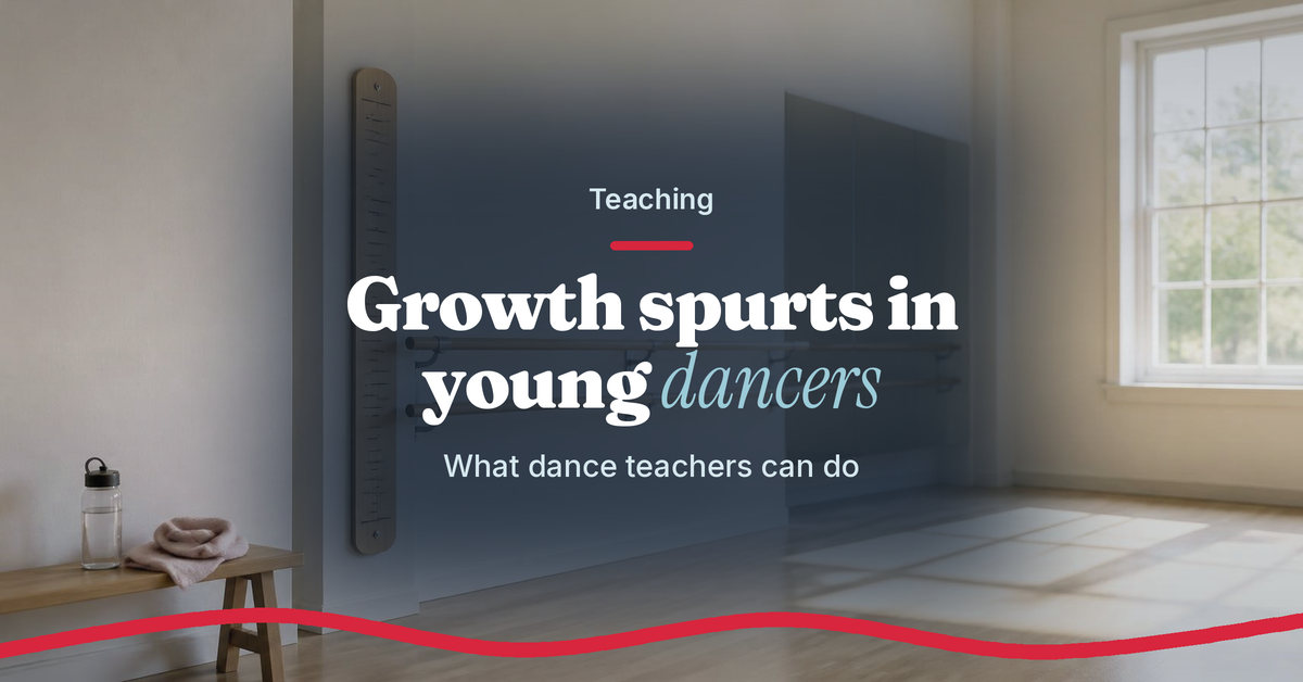 Teach.Dance photo graphic: Growth spurts in young dancers, what dance teachers can do. A bright, empty children's studio with a height chart on the wall and a water bottle on a bench.