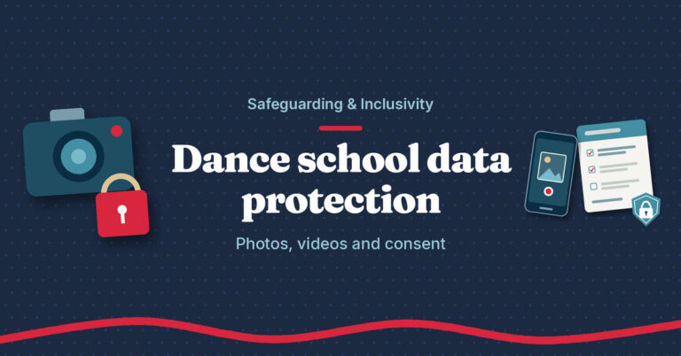 Teach.Dance graphic: Dance school data protection. Photos, videos and consent. A camera with a padlock and a phone with a consent form.