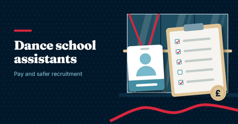 Illustration of a lanyard badge, a register clipboard and a pound coin, next to the headline Dance school assistants