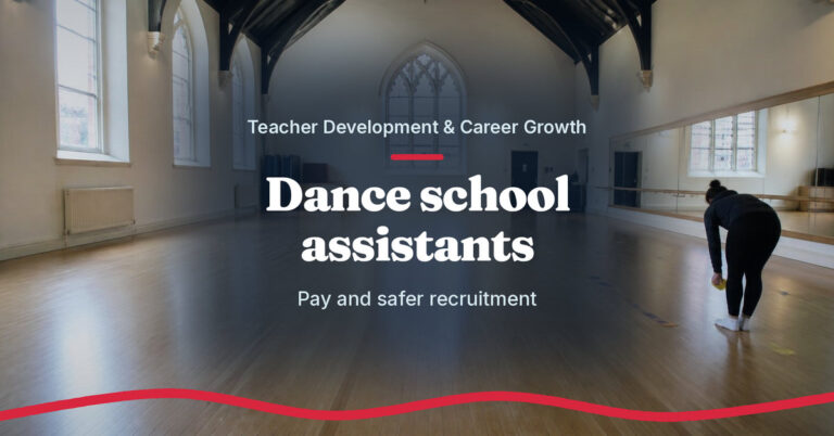 Teach.Dance photo graphic: Dance school assistants. Pay and safer recruitment. A church hall dance studio with an assistant, seen from behind, setting out floor spots.