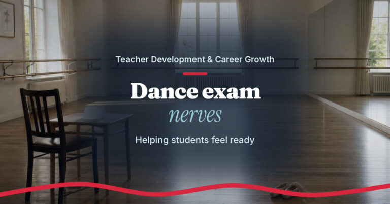 Teach.Dance photo graphic: Dance exam nerves, helping students feel ready. A calm, empty studio before an exam, with a chair, a small table and ballet shoes on the floor.