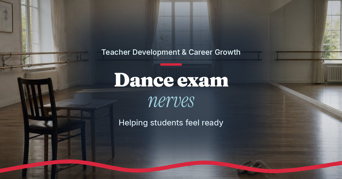 Teach.Dance photo graphic: Dance exam nerves, helping students feel ready. A calm, empty studio before an exam, with a chair, a small table and ballet shoes on the floor.