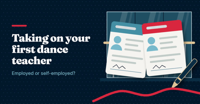 Illustration of two contract cards and a pen, next to the headline Taking on your first dance teacher