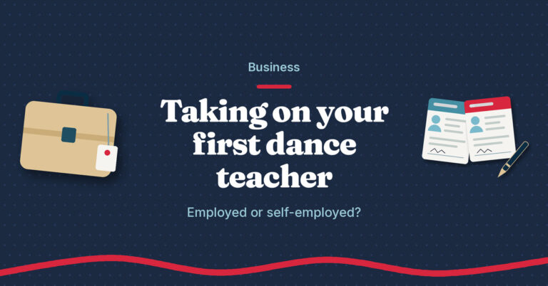 Teach.Dance graphic: Taking on your first dance teacher. Employed or self-employed? A briefcase with a name tag beside two contracts and a pen.