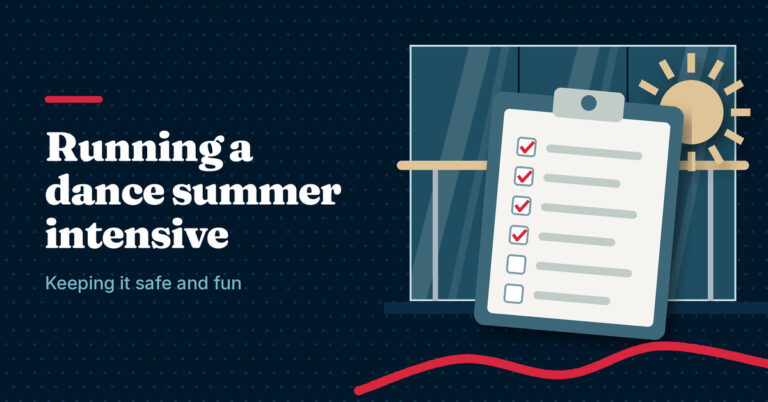 Illustration of a register clipboard with ticked names and a summer sun next to the headline Running a dance summer intensive