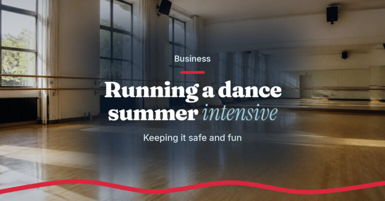 Teach.Dance photo graphic: Running a dance summer intensive, keeping it safe and fun. An empty, sunlit dance studio with a barre, mirrors and water bottles by the wall.