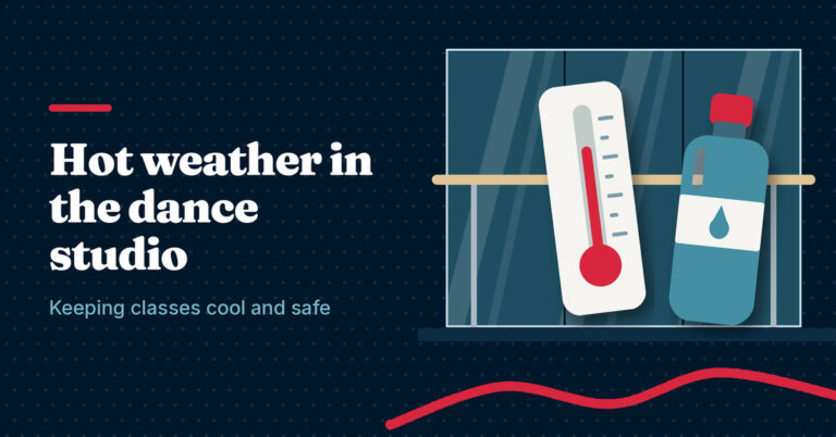 Illustration of a thermometer and water bottle in front of a studio mirror next to the headline Hot weather in the dance studio