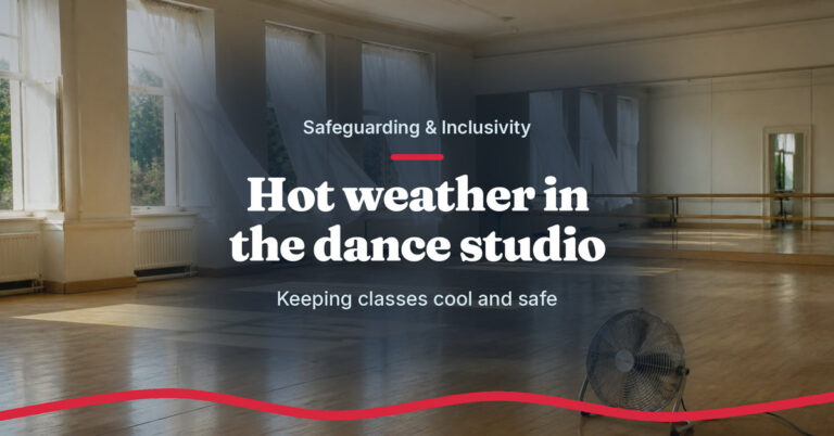 Teach.Dance photo graphic: Hot weather in the dance studio, keeping classes cool and safe. An empty studio on a hot day with open windows and a fan on the floor.