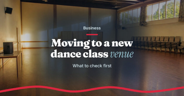 Teach.Dance photo graphic: Moving to a new dance class venue, what to check first. An empty community hall with a wooden floor, high windows and stacked chairs.