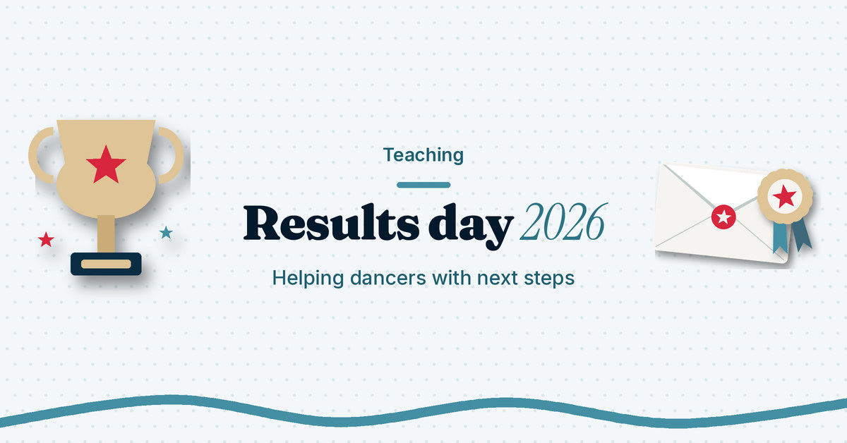 Teach.Dance graphic in light blue and teal: Results day 2026, helping dancers with next steps, with a trophy and a results envelope with a rosette.
