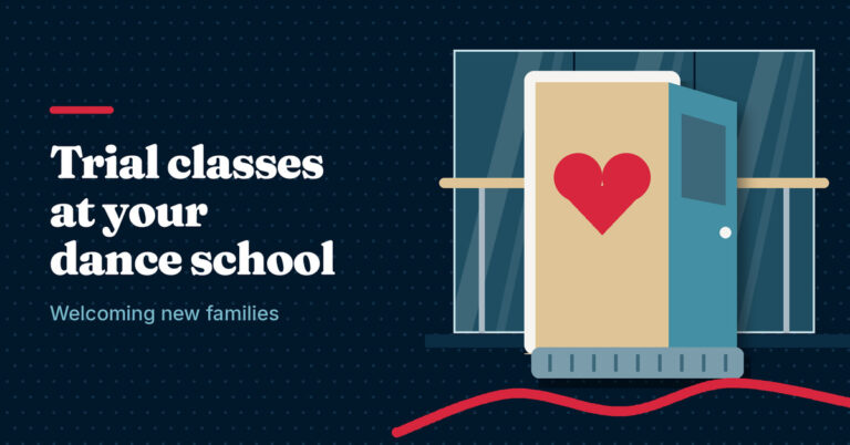 Illustration of an open studio door with a red heart and a doormat next to the headline Trial classes at your dance school