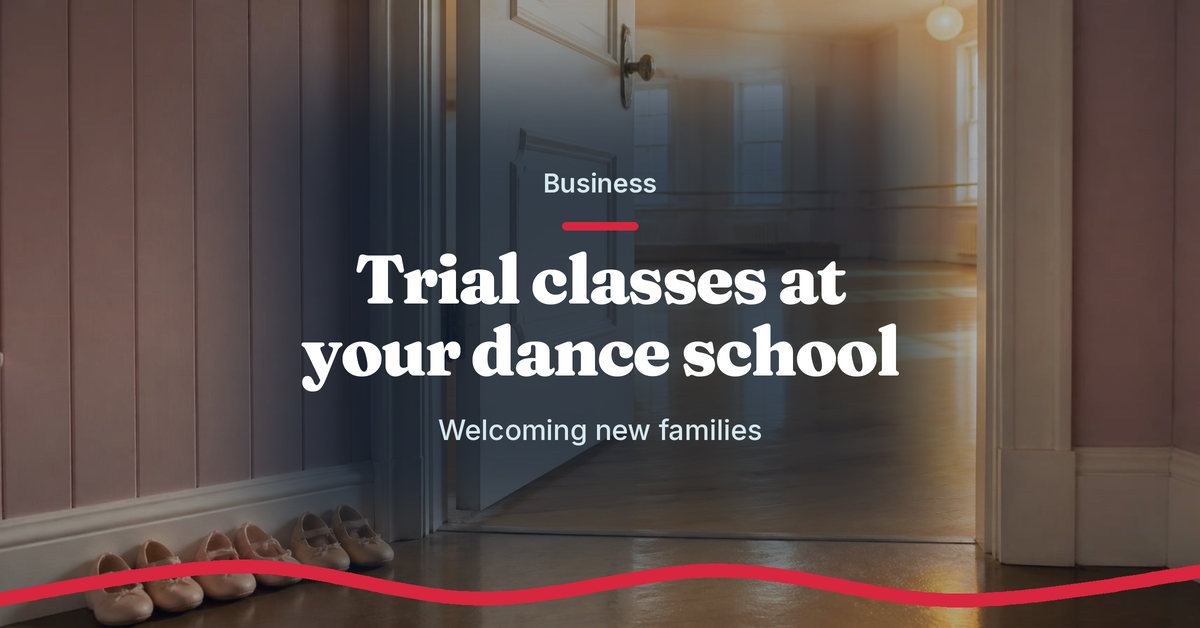 Teach.Dance photo graphic: Trial classes at your dance school, welcoming new families. An open door into a warmly lit studio with small ballet shoes by the door.