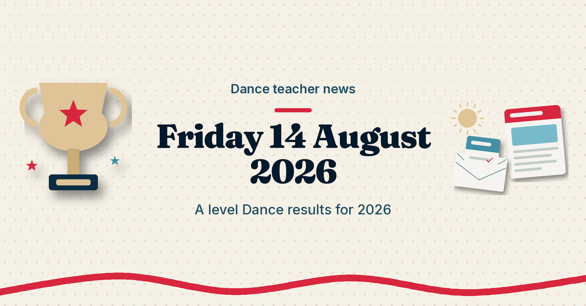 Dance teacher news, Friday 14 August 2026: A level Dance results for 2026. Cream graphic with a trophy, a results envelope and a news page.