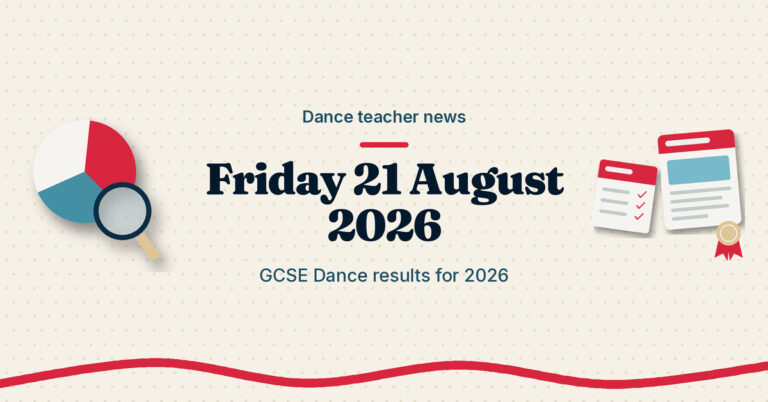 Dance teacher news, Friday 21 August 2026: GCSE Dance results for 2026. Cream graphic with a chart, a ticked results sheet and a news page.