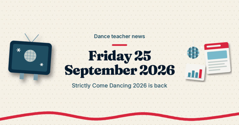 Blog Teach.Dance graphic: Dance teacher news, Friday 25 September 2026. Strictly Come Dancing 2026 is back. A television showing a glitter ball beside a news sheet.