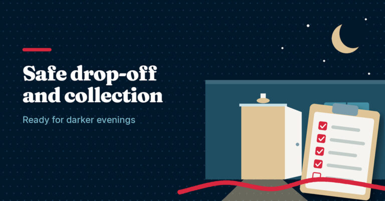 Illustration of a lit studio doorway at night with a moon and a ticked register clipboard, next to the headline Safe drop-off and collection