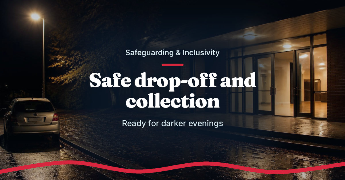 Teach.Dance photo graphic: Safe drop-off and collection. Ready for darker evenings. A community hall entrance lit up on a dark, wet evening, with a street lamp and a parked car.