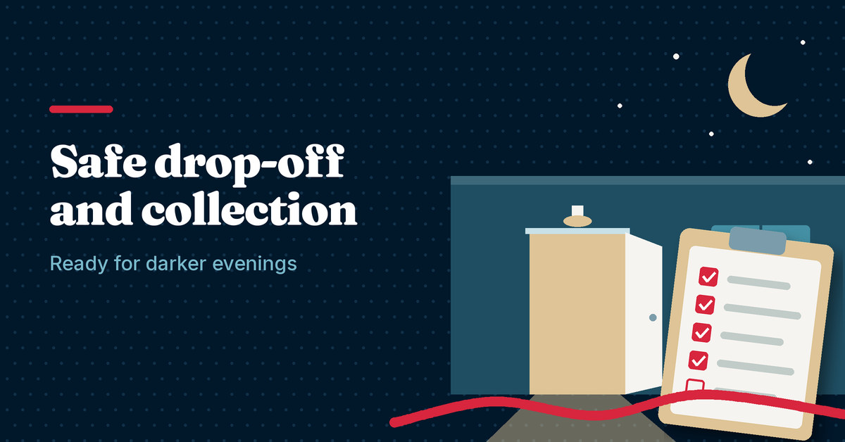 Illustration of a lit studio doorway at night with a moon and a ticked register clipboard, next to the headline Safe drop-off and collection