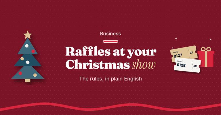 Home Teach.Dance graphic: Raffles at your Christmas show. The rules, in plain English. A Christmas tree beside raffle tickets and a wrapped gift.