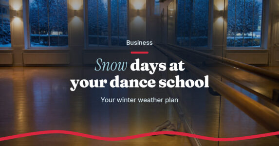 Home Teach.Dance photo graphic: Snow days at your dance school. Your winter weather plan. An empty dance studio on a snowy evening, with warm lights, a barre and mirrors.