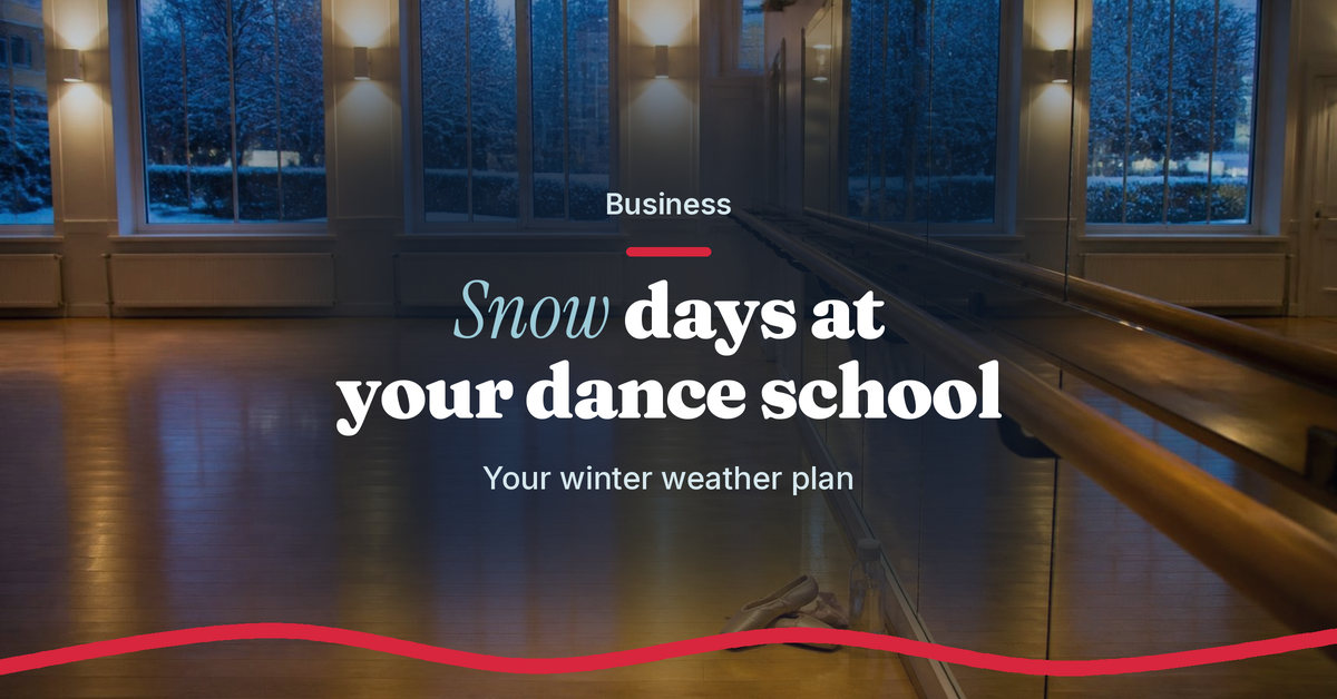 Teach.Dance photo graphic: Snow days at your dance school. Your winter weather plan. An empty dance studio on a snowy evening, with warm lights, a barre and mirrors.