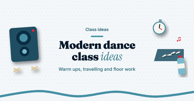 Teach.Dance graphic: Modern dance class ideas. Warm ups, travelling and floor work. A speaker, a stopwatch, a water bottle and dance shoes on floor tape.