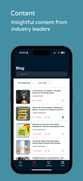 Home The Teach.Dance app on a phone, showing the blog