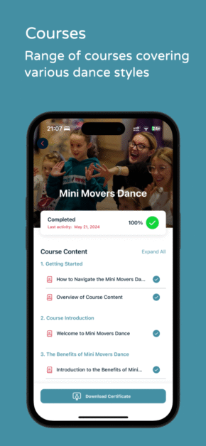 Home The Teach.Dance app on a phone, showing a course with lessons and progress