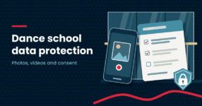 Home Illustration of a phone showing a photo, a consent form and a padlock shield, next to the headline Dance school data protection