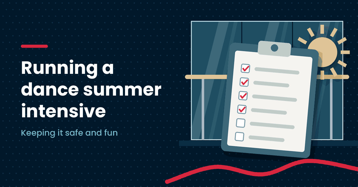Illustration of a register clipboard with ticked names and a summer sun next to the headline Running a dance summer intensive