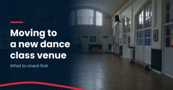 Photo of an empty school hall with a wooden parquet floor and tall windows with the headline Moving to a new dance class venue