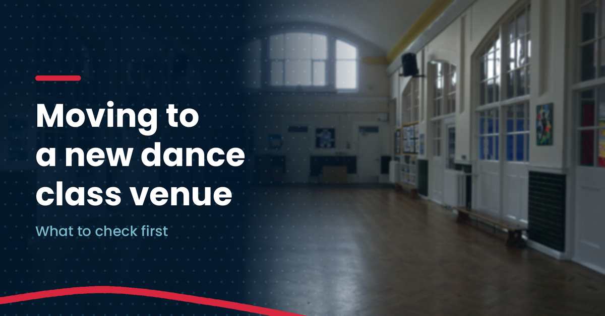 Photo of an empty school hall with a wooden parquet floor and tall windows with the headline Moving to a new dance class venue