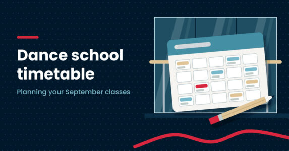 Illustration of a weekly timetable card and pencil in front of a studio mirror next to the headline Dance school timetable