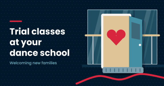 Illustration of an open studio door with a red heart and a doormat next to the headline Trial classes at your dance school