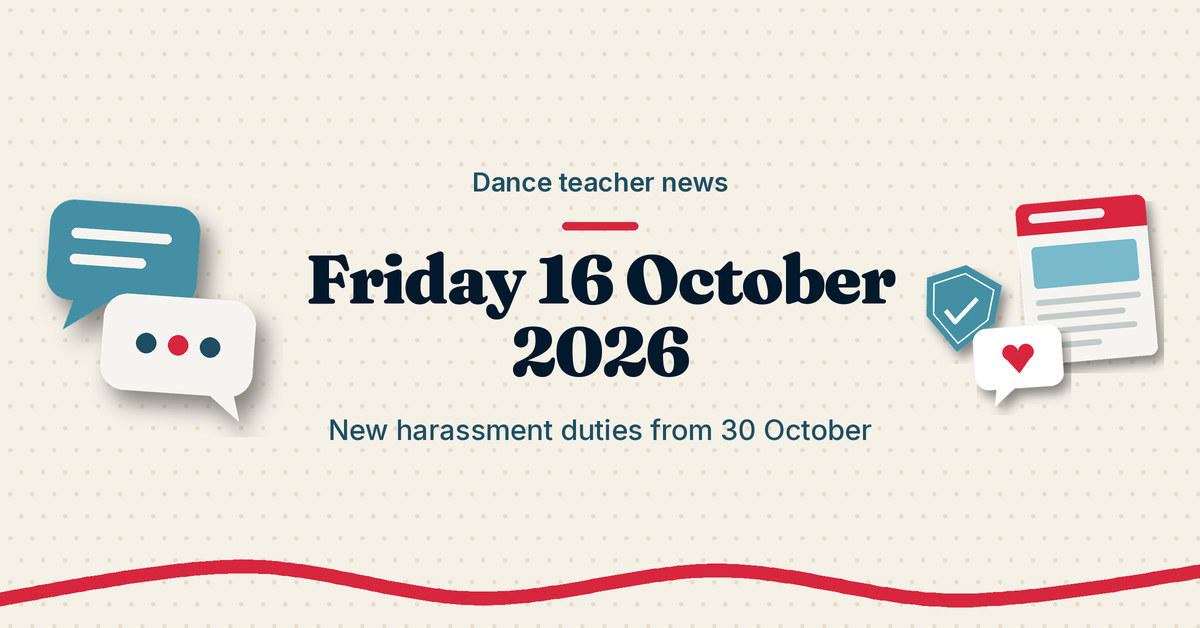 Illustration of speech bubbles, a shield with a tick and a news sheet, next to the headline Friday 16 October 2026, new harassment duties
