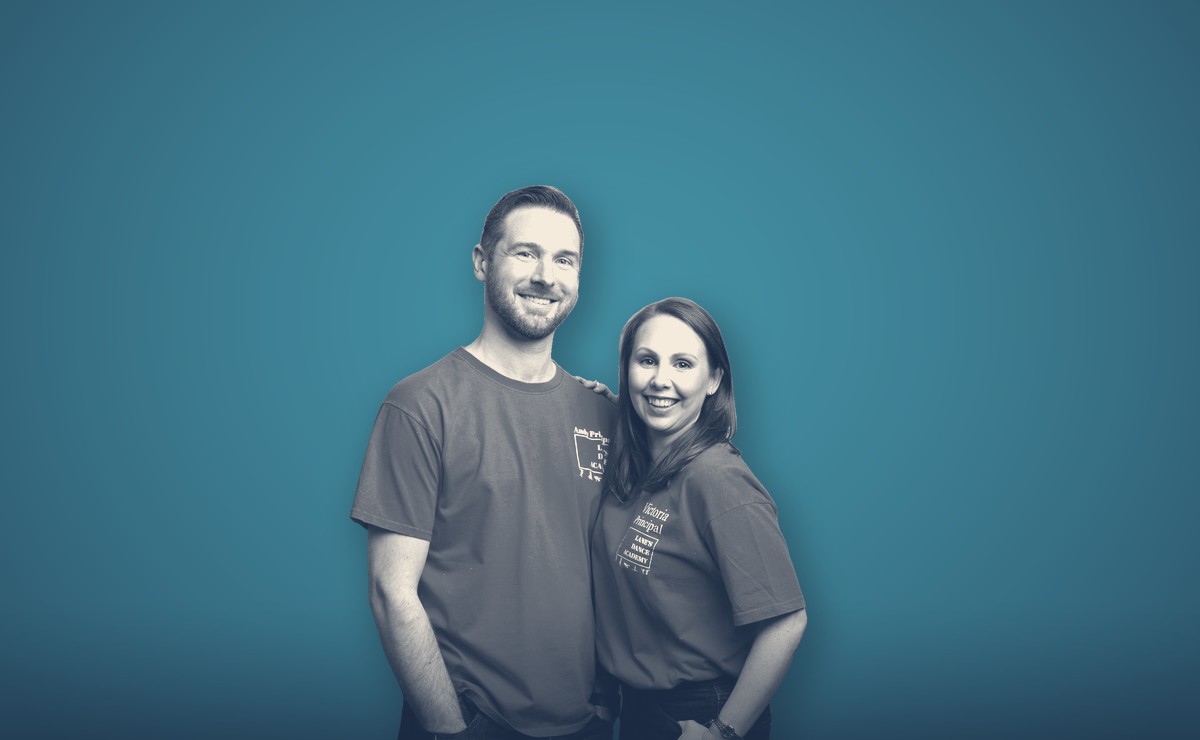 Andy and Victoria Lane, portrait on a teal background