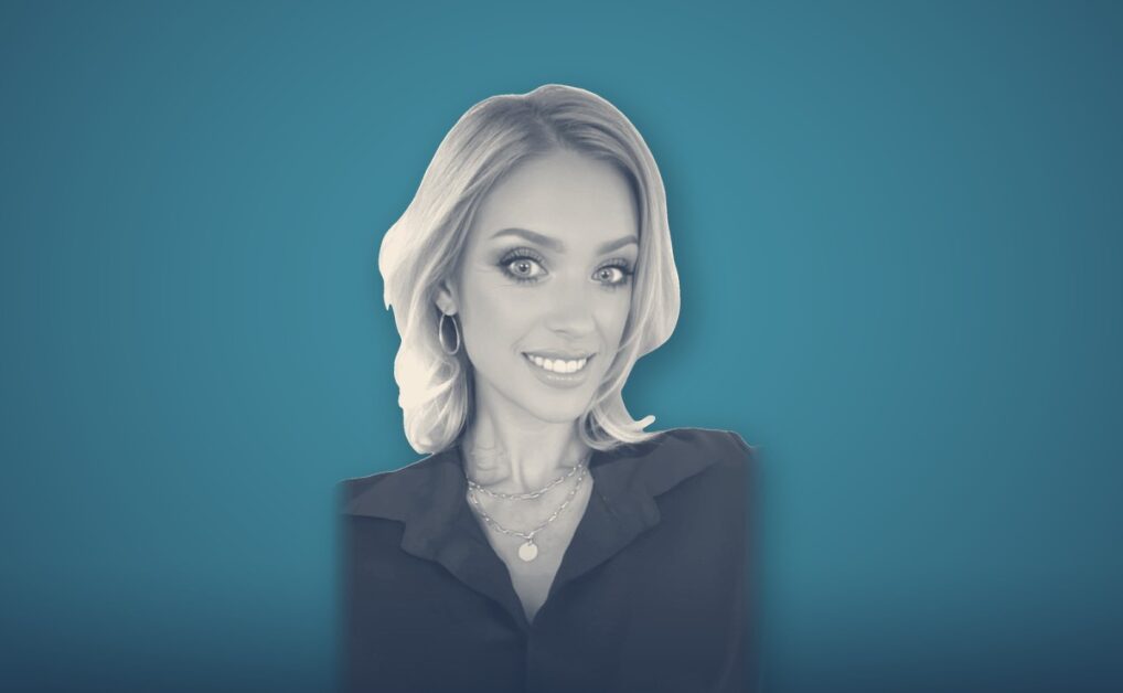 Hayley Draper, portrait on a teal background