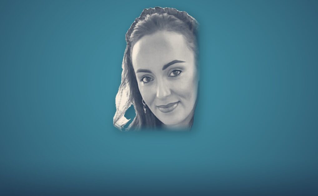 Sallyrose Johnson, portrait on a teal background