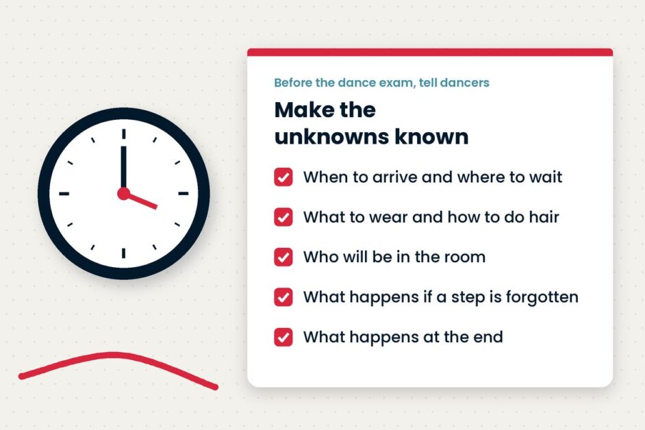 Dance exam nerves: helping students feel ready Illustration of a clock beside a checklist of things to tell students before their dance exam