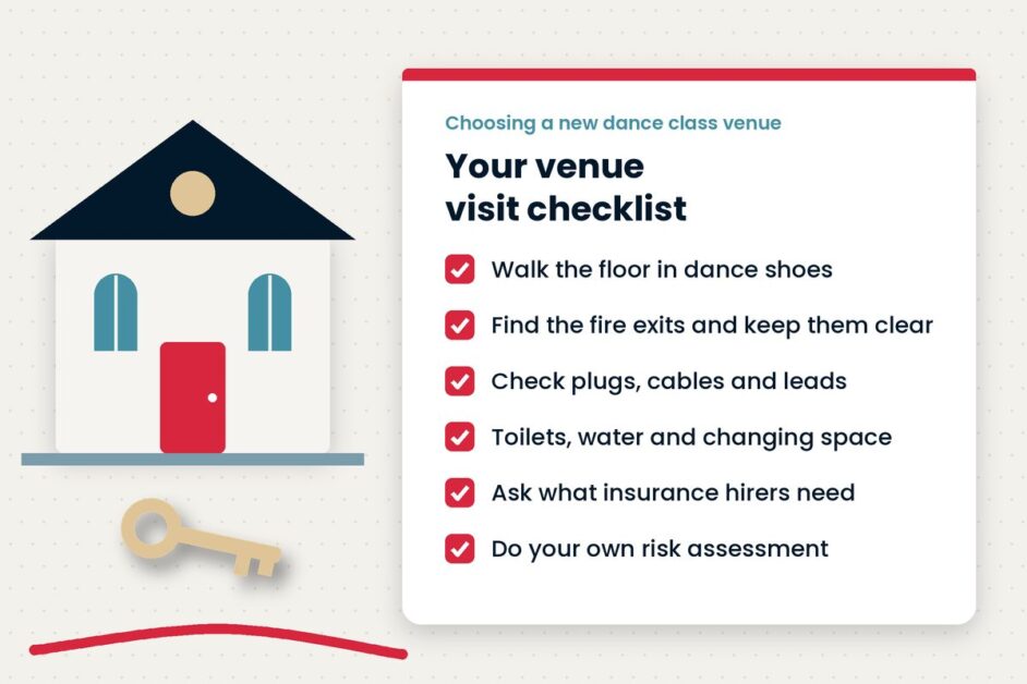 Moving to a new dance class venue: what to check first Illustration of a hall and a key beside a visit checklist for choosing a new dance class venue