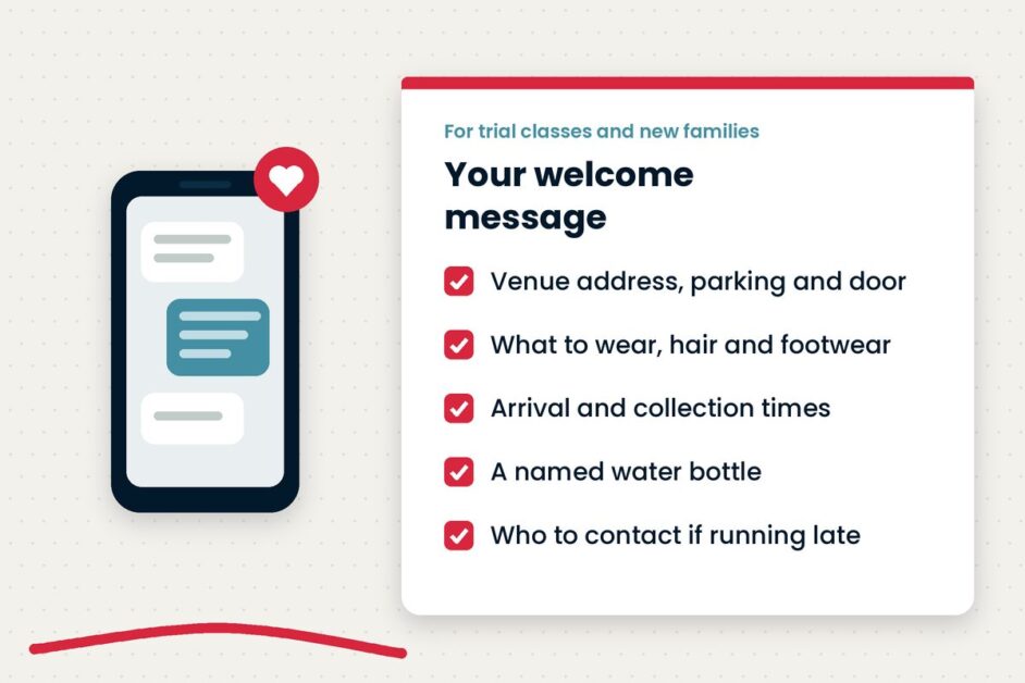 Trial classes at your dance school: welcoming new families Illustration of a phone beside a welcome message checklist for trial classes and new families