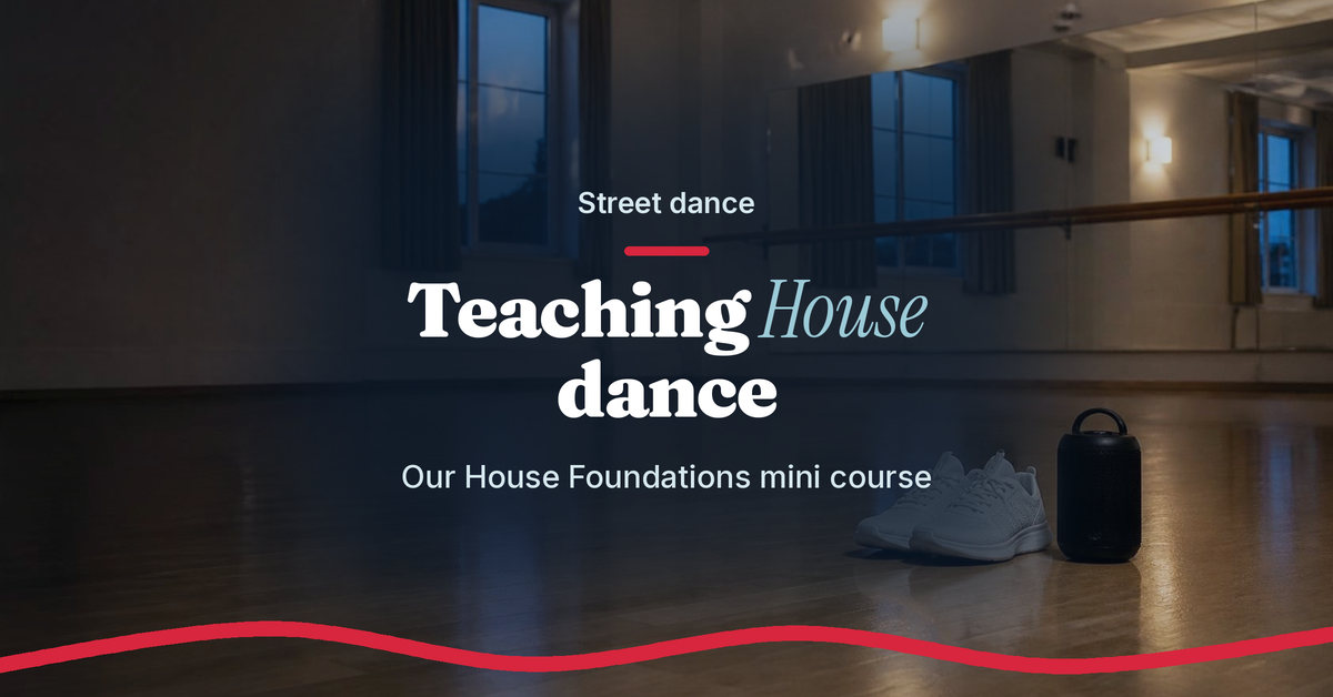 Photo of an empty dance studio at dusk with white trainers and a speaker on the floor, with the headline Teaching House dance