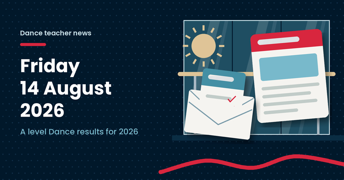 Illustration of a sun, a results envelope and a news page, next to the headline Friday 14 August 2026, A level Dance results for 2026
